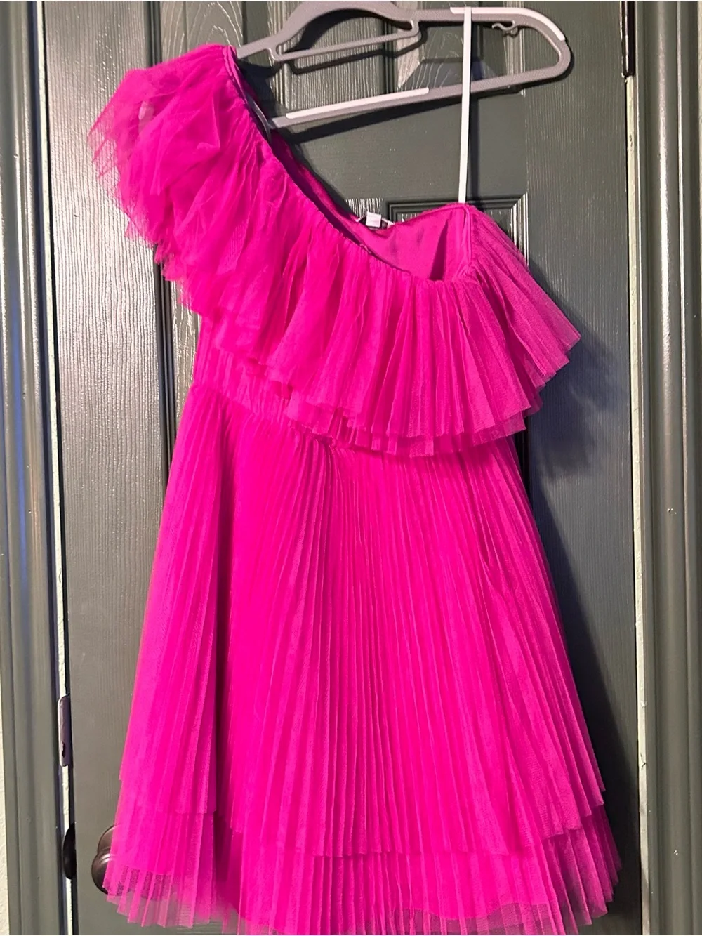 Monique Lhuillier Girls One-Shoulder Ruffle Tulle Dress in Hot Pink